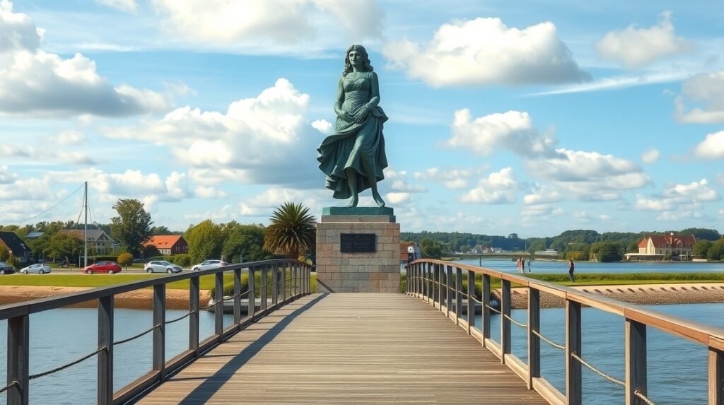 Amanda szobra a hídon Kertemindében, gyönyörű tengerparti panorámával.