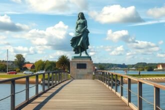 Amanda szobra a hídon Kertemindében, gyönyörű tengerparti panorámával.