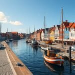 Kerteminde régi kikötője, színes halászhajók és út menti kávézók