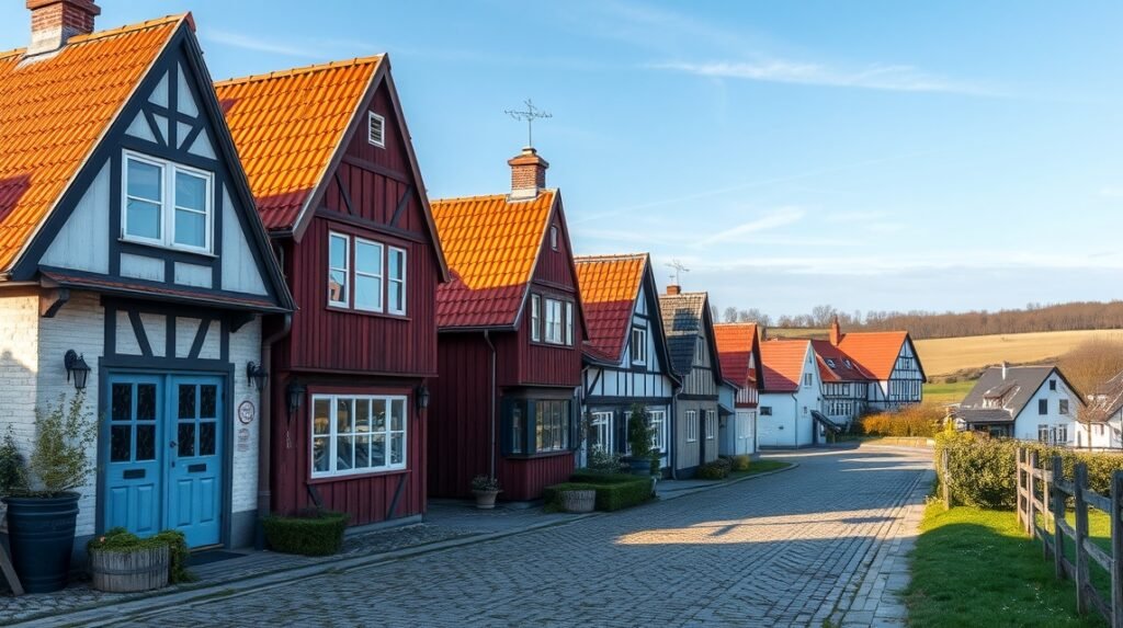 Viby falujának hangulatos tornácos házai Fynban, Dánia
