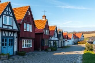 Viby falujának hangulatos tornácos házai Fynban, Dánia