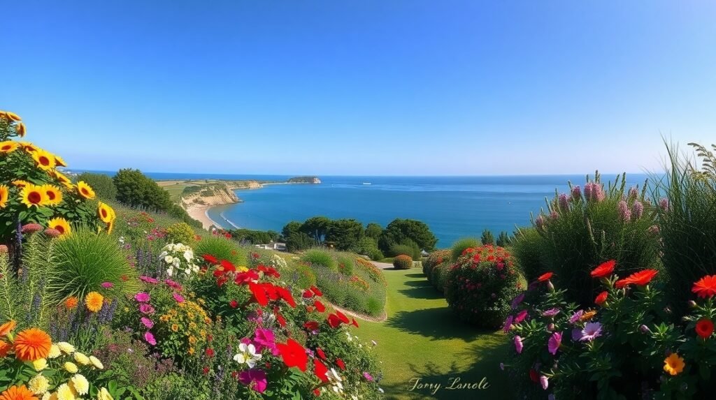 Bájos virágos kertek Kertemindében, a tengerpart mellett.