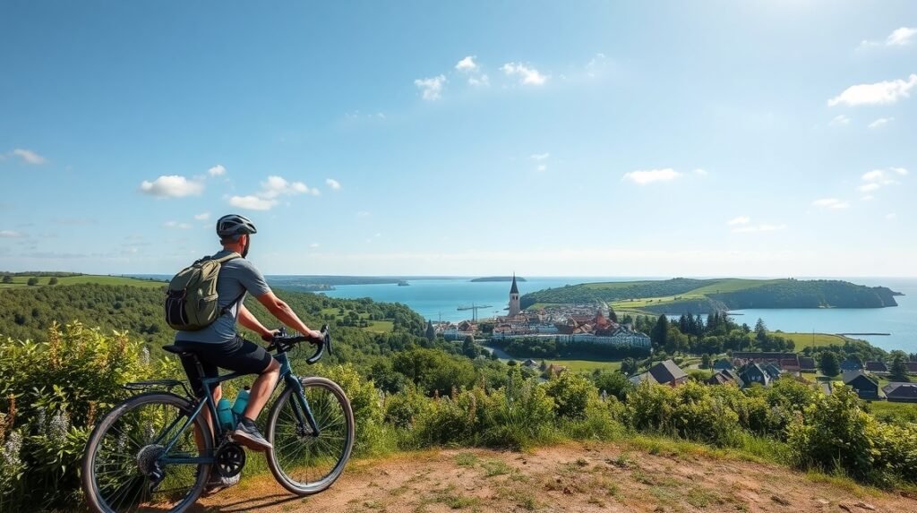 Kerékpáros néz a gyönyörű Fyn sziget tengerpartjára Kertemindében