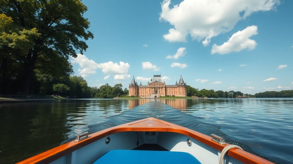 Hajókázás a Kastély-tavon, Frederiksborg kastély panorámája