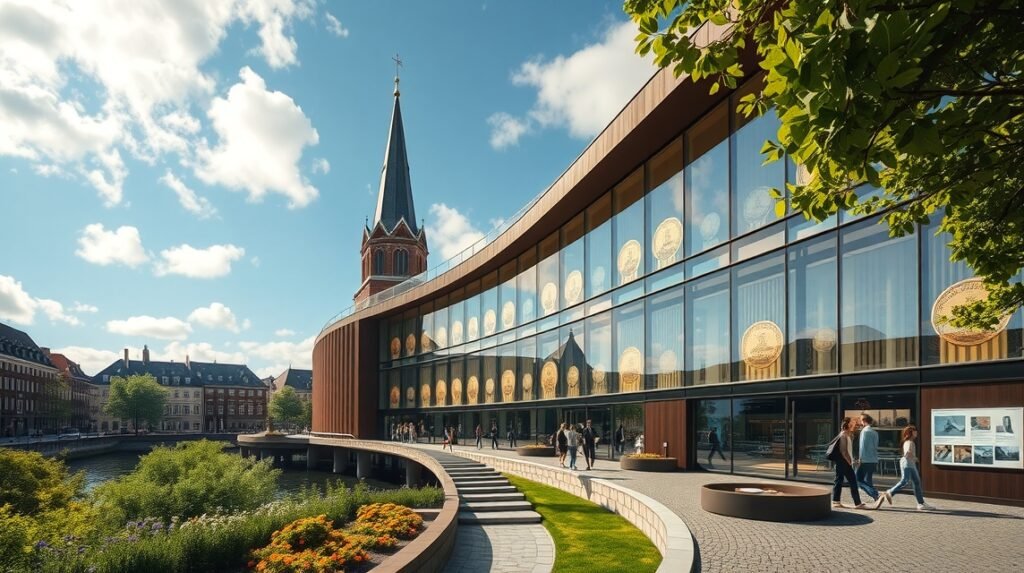 A Hillerød-i Pénzmúzeum modern épülete és látogatói