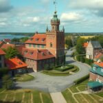 Hillerød város látképe, a Frederiksborg kastéllyal a háttérben