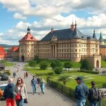 Hillerød városa és a Frederiksborg-kastély sétálókkal az úton