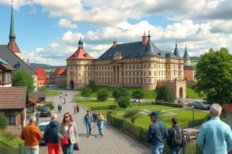 Hillerød városa és a Frederiksborg-kastély sétálókkal az úton