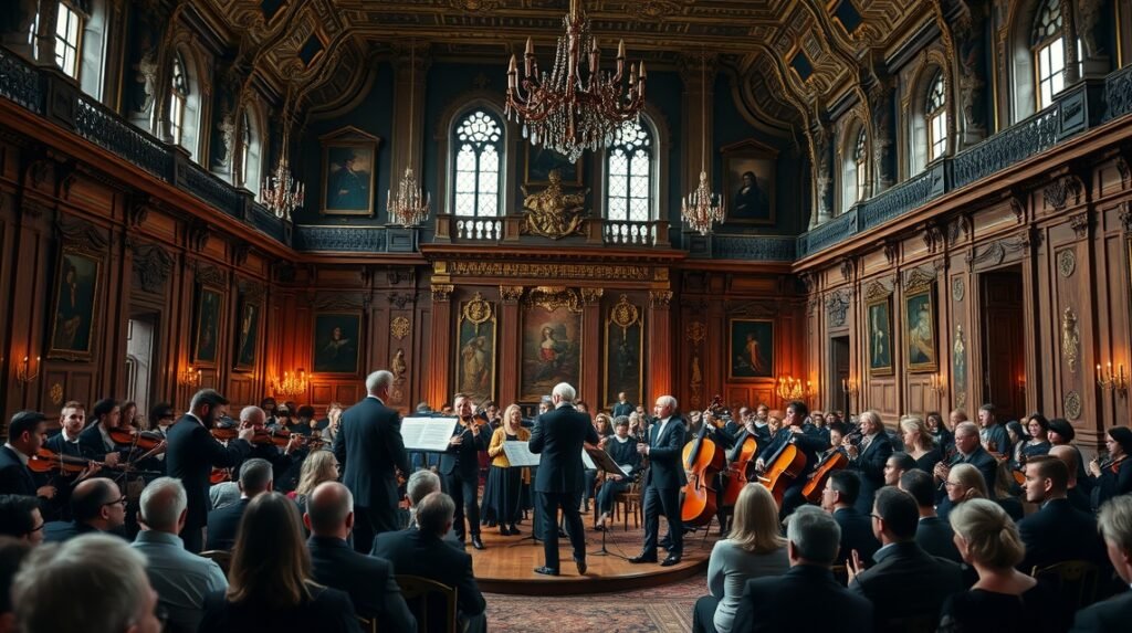 Barokk zenei fesztivál a Hillerød kastélyban, koncerttel és gyönyörű háttérrel.