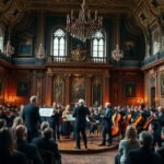 Barokk zenei fesztivál a Hillerød kastélyban, koncerttel és gyönyörű háttérrel.