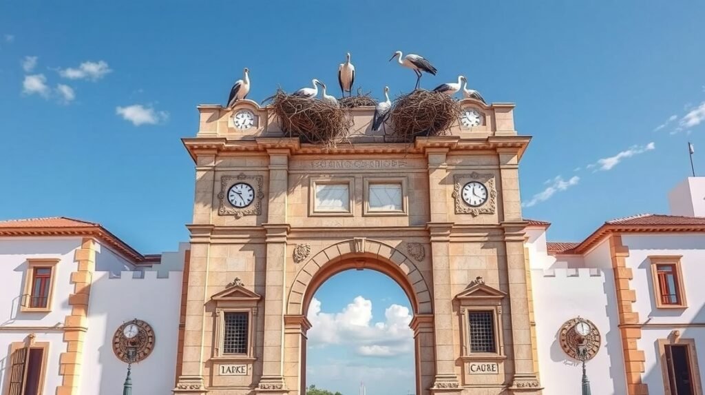 Az Arco da Vila, Faro városkapuja gólyafészkekkel.