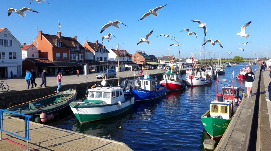 Hirtshals kikötője színes halászhajókkal és galambokkal.