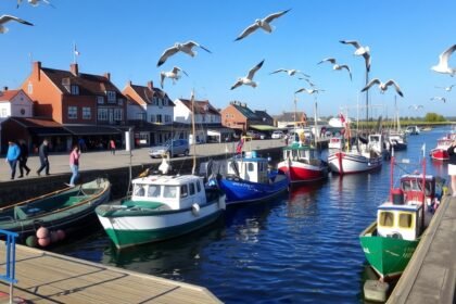 Hirtshals kikötője színes halászhajókkal és galambokkal.