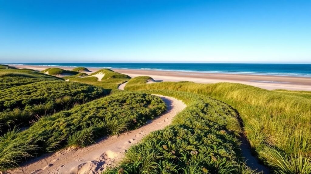 Tornby dűneültetvény hullámzó ösvényei a tengerparton