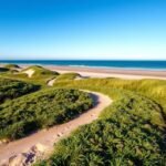 Tornby dűneültetvény hullámzó ösvényei a tengerparton