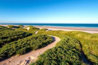 Tornby dűneültetvény hullámzó ösvényei a tengerparton