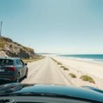 Autós út Kjul strandhoz Hirtshals közelében, gyönyörű tengerparttal.