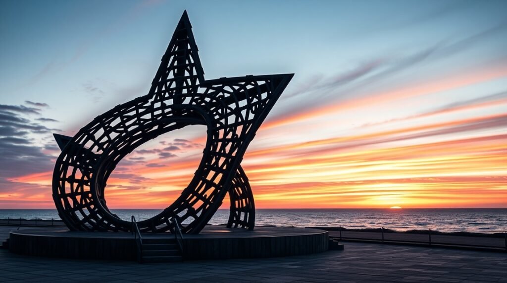 A Halászok emlékműve Hirtshals városában naplementében.