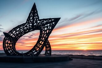 A Halászok emlékműve Hirtshals városában naplementében.