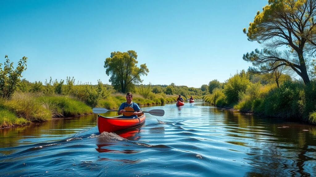 Kenuzás az Uggerby patakon Hirtshalsban, zöld táj és nyugalom