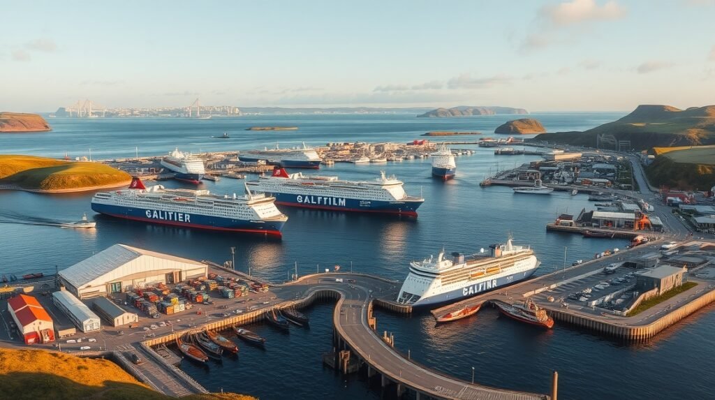 Hirtshals kikötője Norvégiába, Izlandra és a Feröer-szigetekre közlekedő kompokkal.