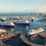 Hirtshals kikötője Norvégiába, Izlandra és a Feröer-szigetekre közlekedő kompokkal.