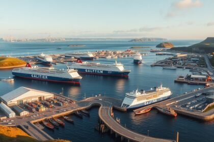 Hirtshals kikötője Norvégiába, Izlandra és a Feröer-szigetekre közlekedő kompokkal.