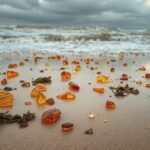 Borostyán darabok a tengerparton Hirtshalsban vihar után.