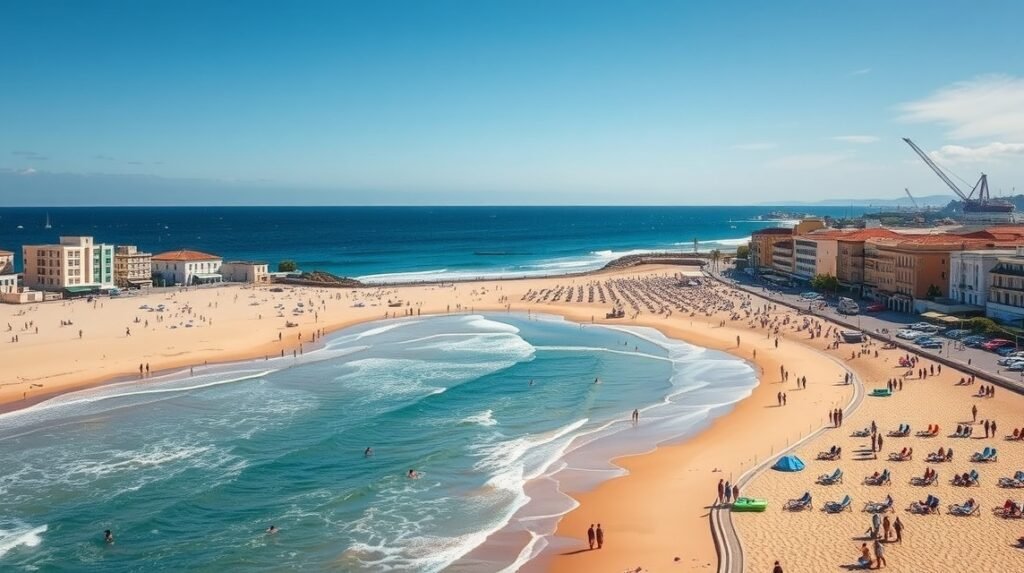 A Praia de Faro szép homokpada és az óceán látképe