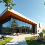 A CLAY Kerámiaművészeti Múzeum épülete Middelfartban, színes kerámiákkal a kertben.