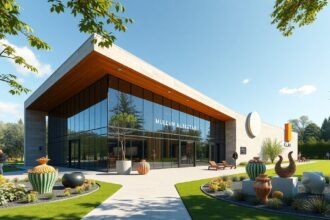 A CLAY Kerámiaművészeti Múzeum épülete Middelfartban, színes kerámiákkal a kertben.