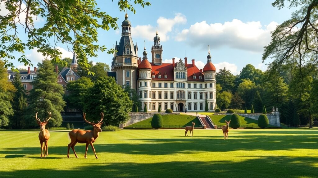 Hindsgavl kastély a parkban legelésző szarvasokkal Dánia közepén.