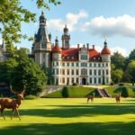 Hindsgavl kastély a parkban legelésző szarvasokkal Dánia közepén.