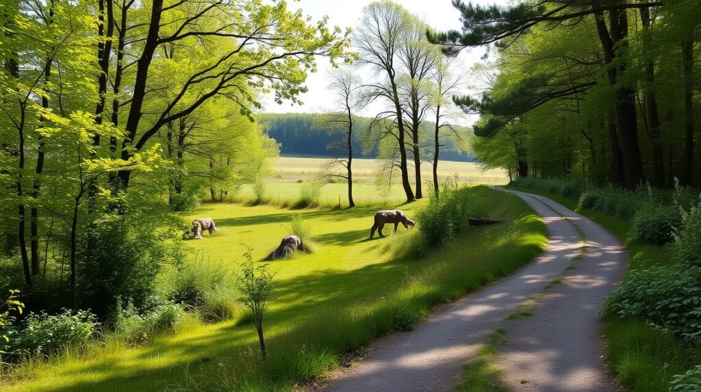 Middelfart Dyrehaven vadaspark sétaútja, zöld fű és fák között.