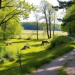 Middelfart Dyrehaven vadaspark sétaútja, zöld fű és fák között.