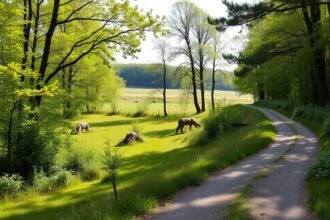 Middelfart Dyrehaven vadaspark sétaútja, zöld fű és fák között.