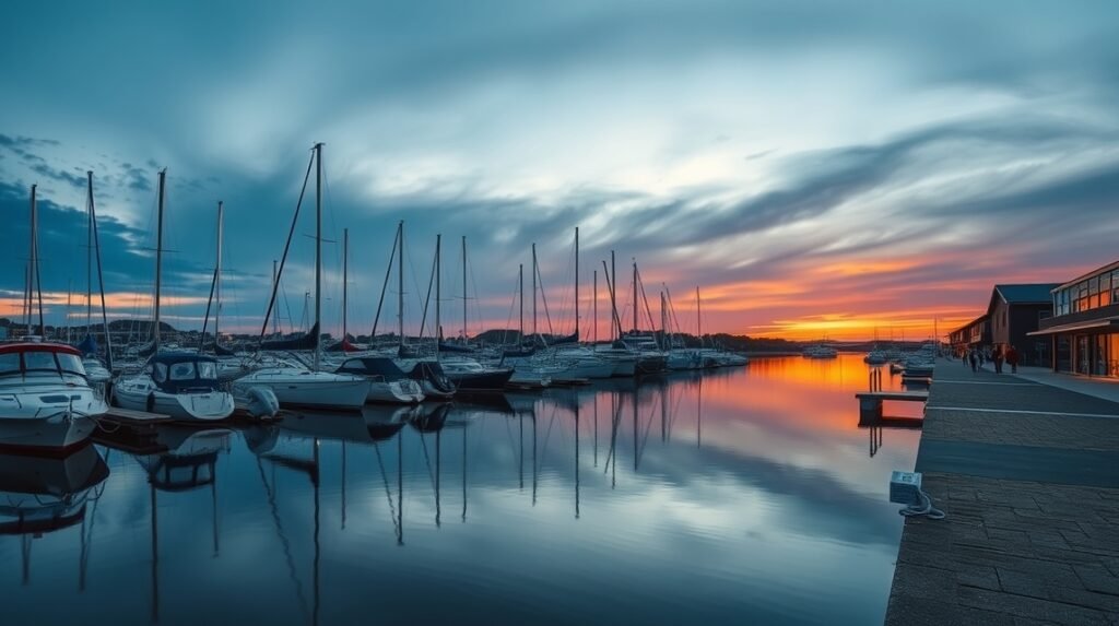 Middelfart marina naplementében, vitorlás hajókkal és hangulatos sétányokkal