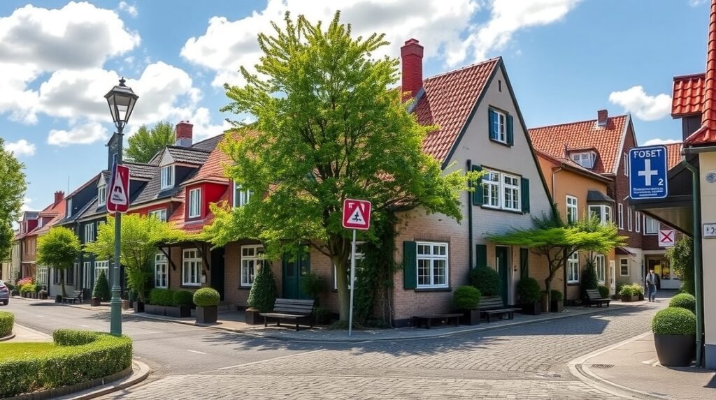 Middelfart Sildemarken negyedének macskaköves utcái és régi házai