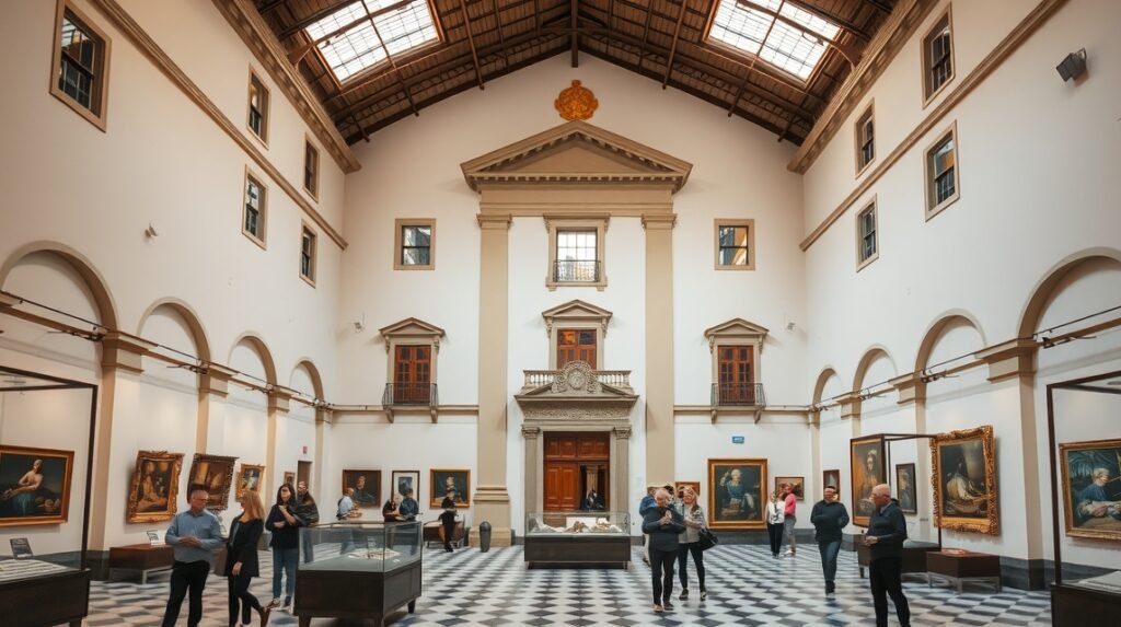 A Városi Múzeum belső tér, festmények és látogatók