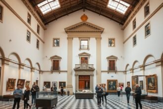 A Városi Múzeum belső tér, festmények és látogatók