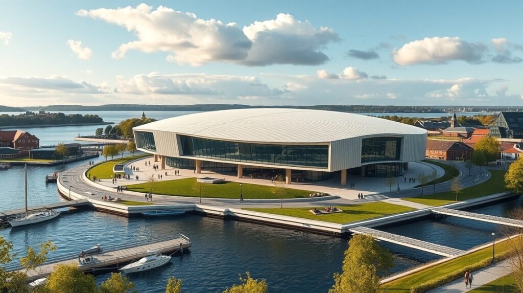 Middelfart KulturØen modern épülete a festői tengerpanorámával.