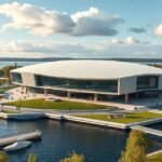 Middelfart KulturØen modern épülete a festői tengerpanorámával.