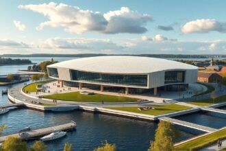 Middelfart KulturØen modern épülete a festői tengerpanorámával.