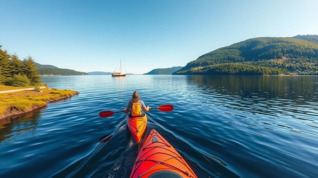 Kajakozás a Fænøsund szoros nyugodt vizén Middelfartnál, Dánia.