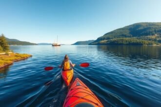 Kajakozás a Fænøsund szoros nyugodt vizén Middelfartnál, Dánia.