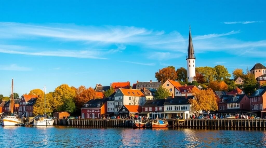 Middelfart városa őszi időben, vízparti házakkal és hajókkal.