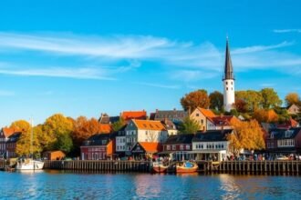 Middelfart városa őszi időben, vízparti házakkal és hajókkal.