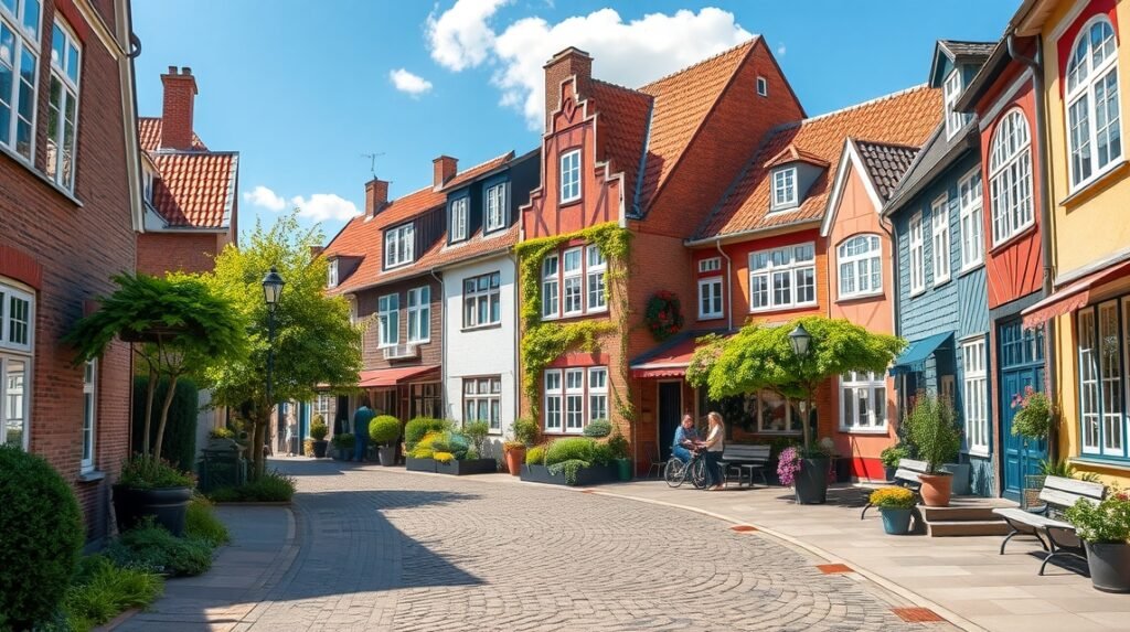 Møgeltønder, Slotsgaden utcája dán nádfedeles házakkal, kőkockás utcával.