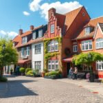 Møgeltønder, Slotsgaden utcája dán nádfedeles házakkal, kőkockás utcával.