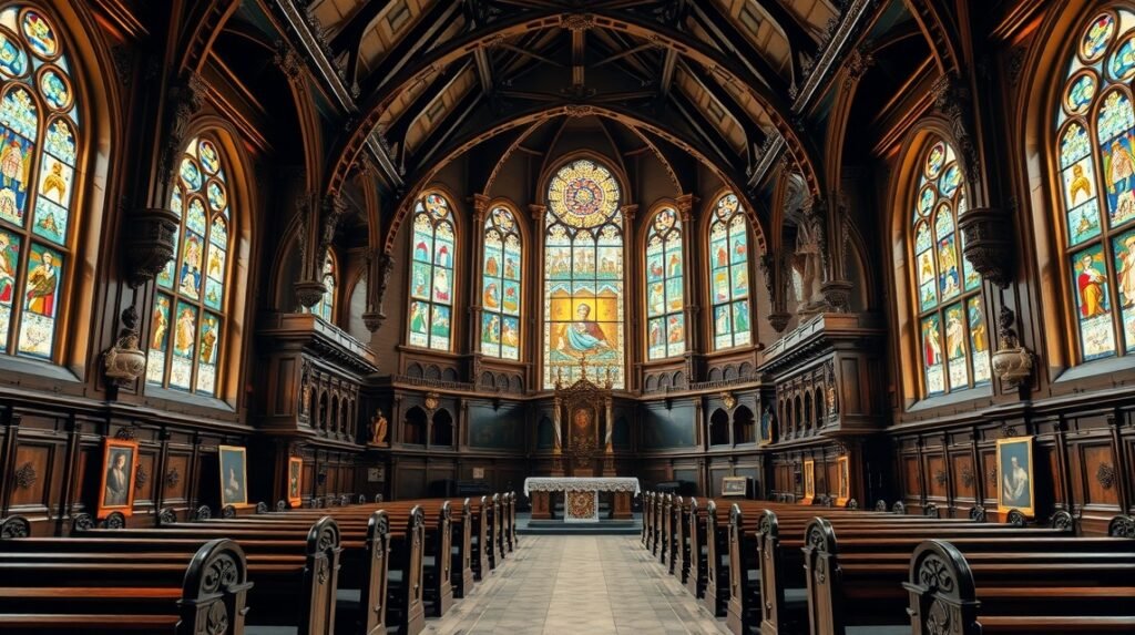 Møgeltønder templom gazdag belső tere díszes üvegablakokkal